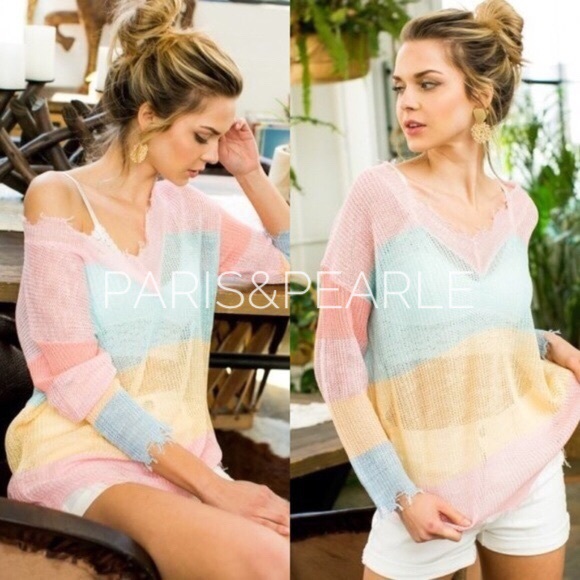 Paris&Pearle Sweaters - Kate Distressed Color Block V Neck Sweater